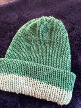 Green and Cream Kids Knit Beanie Hat